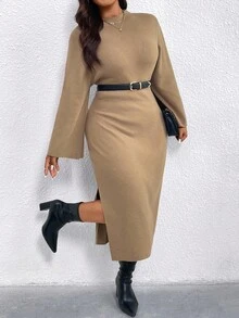 SHEIN Clasi 加大码纯色合身开衩下摆优雅长袖毛衣裙 - 駝色 - 查看 5