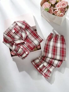 2 件套复古格子印花女童睡衣套装，长袖开衫和裤子，舒适休闲睡衣，姐妹装 - 彩色 - 查看 4