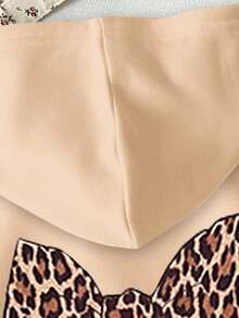 休闲复古豹纹蝴蝶结设计宽松圆领舒适针织长袖卫衣，适合年轻女孩，卡其色，适合秋冬季节穿着。可爱女童卫衣，蝴蝶结卫衣，蝴蝶结女童服装，猎豹纹卫衣 - 彩色 - 查看 3