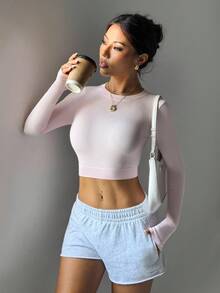 Dewbera Casual Versatile Solid Color Slim Fit Cropped Sports T-Shirt - Pink - View 2
