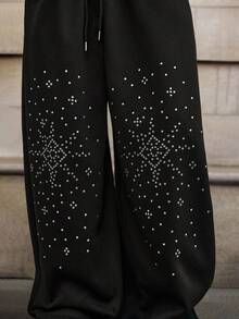 Manfinity Unisex Men's Casual Sweatpants With Rhinestone Decor, Elastic Waist, Suitable For Spring, Autumn And Winter - Black - View 7