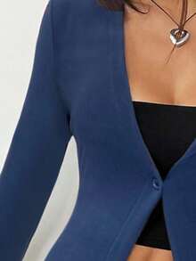 SHEIN EZwear Women's Autumn Simple Fitted Button-Down Long Sleeve Coat - Navy Blue - View 7