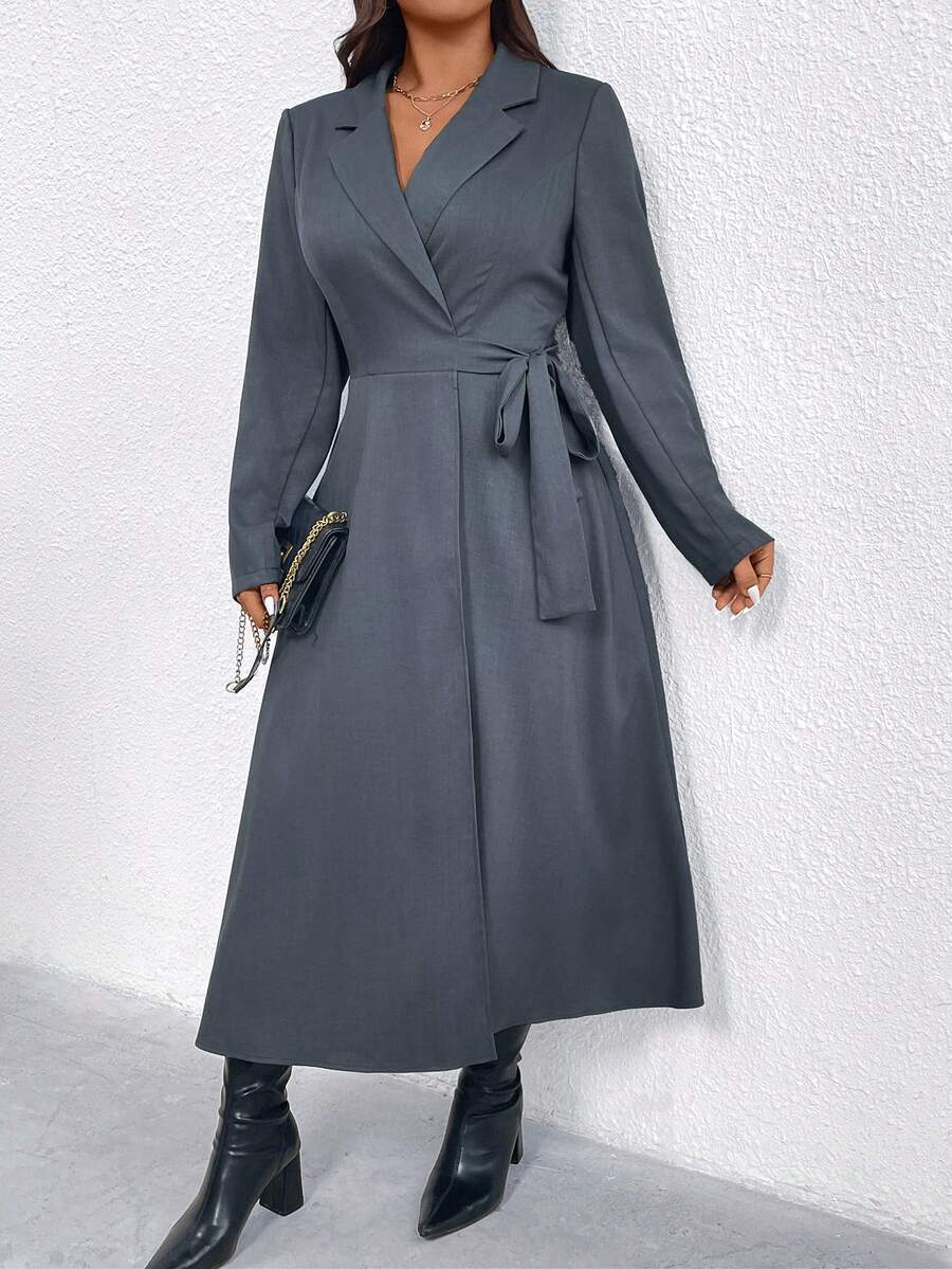 EMERY ROSE 大码女式纯色西装外套领子+束腰蝴蝶结复古优雅通勤派对日常秋冬连衣裙 - 灰色 - 查看 1
