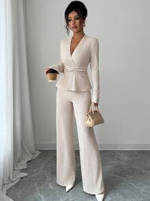 Elenzga 2pcs/Set Women's Elegant V-Neck Long Sleeve Twist Waist T-Shirt And Wide Leg Pants Set, Casual Everyday Wear, Commute, Valentine's Day, Autumn/Winter - Apricot - View 4