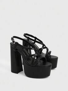 CUCCOO LuxiPop Women's Black High Heel Platform Roman Strap Tie-Up Sandals, Casual, Holiday, Party, Retro, Elegant - Black - View 5