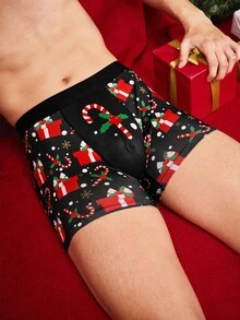 Cuecas boxer de comprimento médio para homens com estampa engraçada de Papai Noel, caixa de presente, bengala de doce, sinos, flocos de neve, boneco de neve e família em festa - Preto - Visão 6