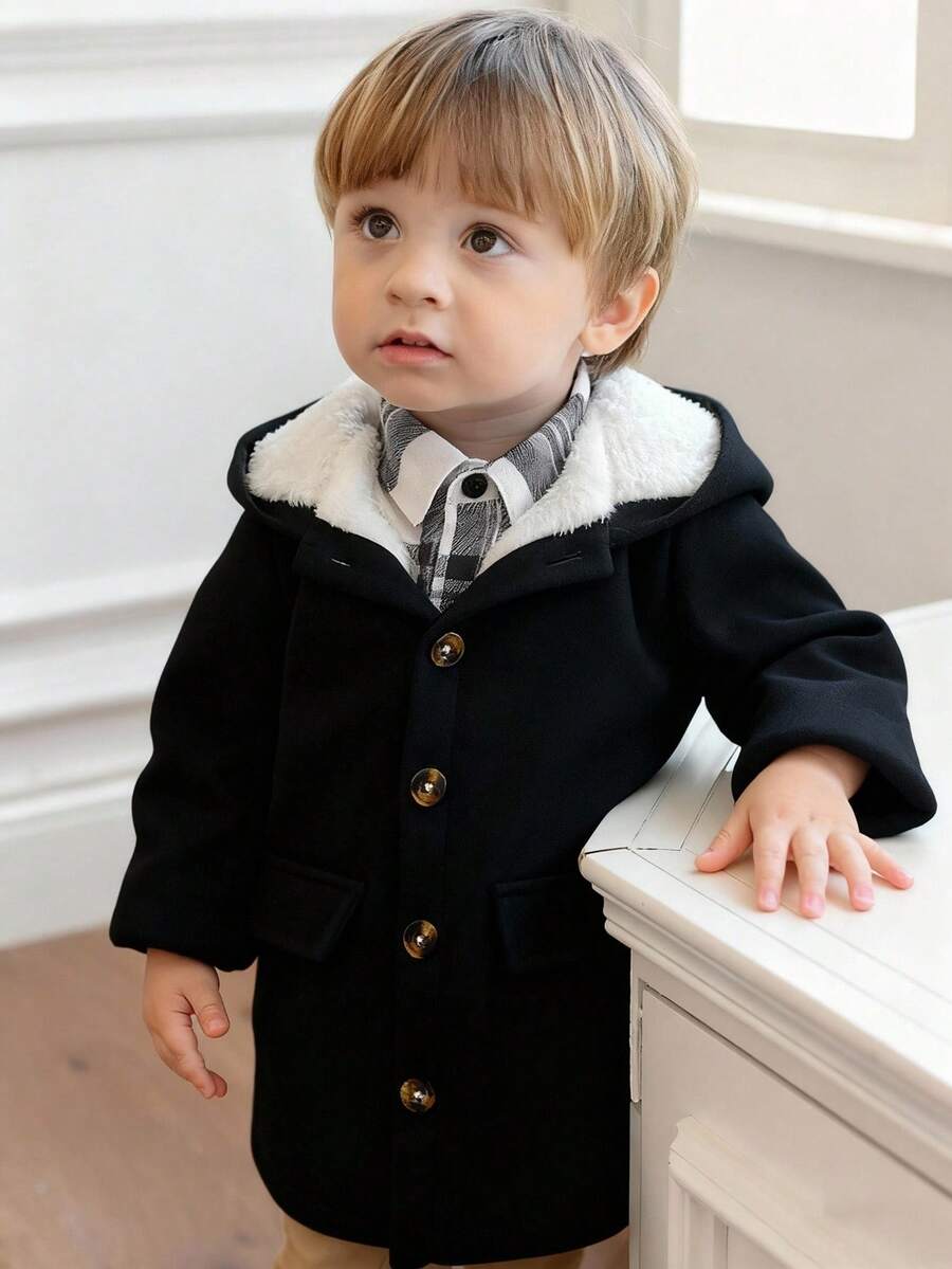 Souflis Souflis 男婴简约连帽保暖风衣，秋冬男婴服装黑色幼儿套装男婴外套幼儿外套男婴韩版夹克 - 黑色 - 查看 1