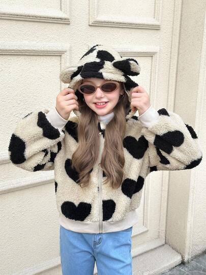 SHEIN Tween Girl Clothes ,Leopard Print Plush Hooded Jacket, Thick And Comfortable,, Back To School, Opening Ceremony, Daily Wear, School, Travel, Sports, Winter, Christmas