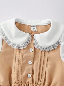 SHEIN Elladie kids 复古学院风卡其色蝴蝶结装饰休闲长裙，白色蕾丝边彼得潘领长袖连衣裙，适合返校季，甜美可爱，优雅百搭，适合日常穿着、旅行、拍照、派对等场合。 - 卡其色 - 查看 7