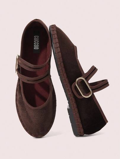 CUCCOO DOLLMOD Kadın Koyu Kahverengi Zarif Kadife Klasik Rahat Kadife Paralel Çift Bantlı Mary Jane Düz Ayakkabı