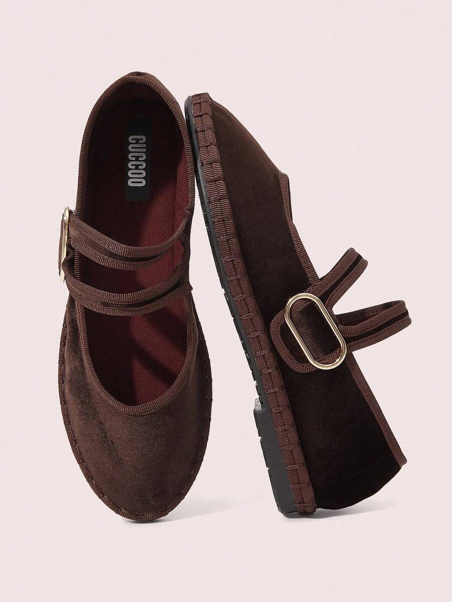 CUCCOO DOLLMOD Women's Dark Brown Elegant Velvet Classic Comfortable Velvet Parallel Double Strap Mary Jane Flat Shoes Spring Shoes - Brown - View 1