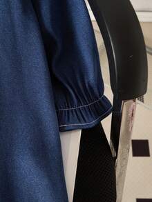 少女牛仔效果兔领长袖连衣裙 - 中等水洗藍 - 查看 5