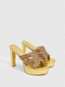 CUCCOO LuxiPop 女士性感时尚粗跟防水台高跟凉鞋，适合万圣节、圣诞节、派对、夜店装扮 - 金色 - 查看 3