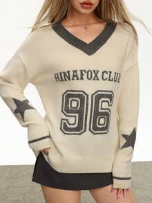 Rina Fox Women's Casual Commuting Fashion Street College Style Numeric, Letter & Star Pattern V-Neck Dropped Shoulder Loose Pullover Sweater, Autumn/Winter - White - View 3