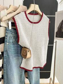 Franclia 女式休闲宽松圆领无袖针织撞色边卡其色毛衣上衣，春秋季 - 米色 - 查看 4