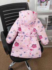 SHEIN 冬季新款可爱卡通碎花连帽加厚中长款女童棉服外套带腰带 - 粉色 - 查看 2