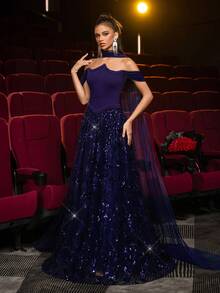 Glamrae Đầm maxi dài tay bèo nhún xếp ly màu xanh navy sang trọng, thêu hạt cườm thủ công, cổ áo bất đối xứng, tay Dolman, viền bèo nhún xếp ly, váy dạ hội trang trọng dành cho nữ - Màu xanh hải quân - Xem 4