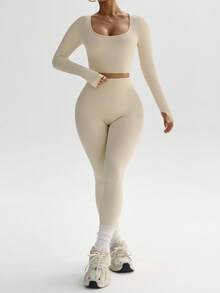 SHEIN Dewbera Conjunto de 2 piezas sin costuras de alta elasticidad con agujeros para el pulgar - Top deportivo y leggings - Conjunto de entrenamiento para mujer - Conjunto de gimnasio para mujer