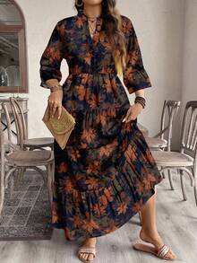 EMERY ROSE Váy dài thanh lịch họa tiết lá phong cổ điển cỡ lớn, thích hợp cho tiệc thu/đông - Nhiều màu - Xem 3