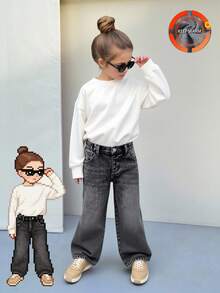 年轻女孩宽松水洗灰色牛仔裤，柔软棉质面料，休闲街头服饰，适合日常穿着、派对、旅行、返校、秋冬新品 - 淺灰色 - 查看 3