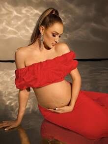 Cheriluna Maternity 1pc Maternity Solid Color Off-Shoulder Short Sleeve Top And Elegant Photoshoot Outfit