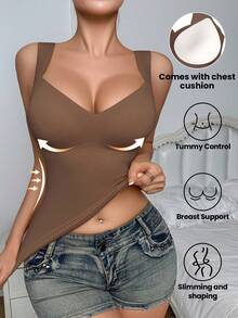 SHEIN 1 件女士无缝塑身衣上衣，腰腹部塑形，简约吊带背心可外穿，塑身 - 咖啡棕 - 查看 1