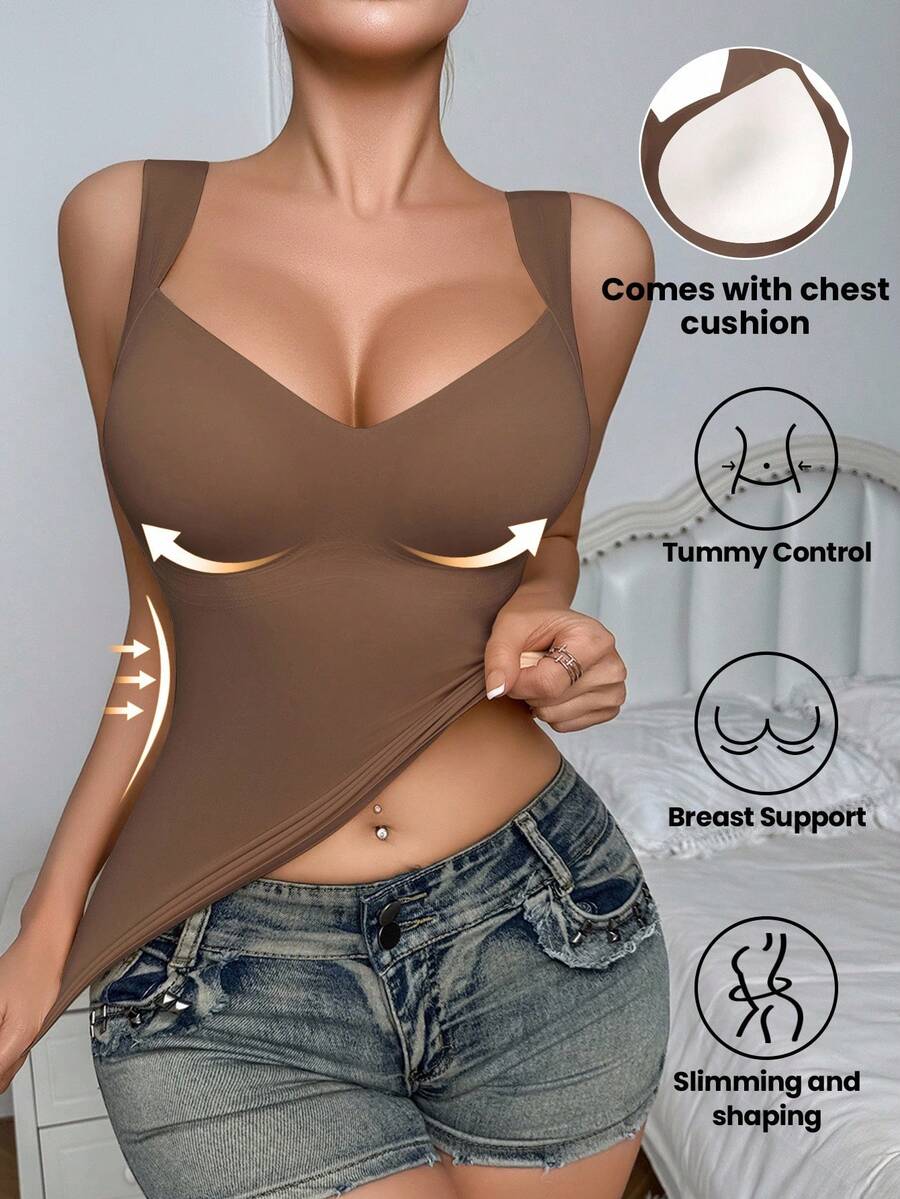SHEIN 1 件女士无缝塑身衣上衣，腰腹部塑形，简约吊带背心可外穿，塑身 - 咖啡棕 - 查看 1