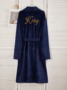 Men's Plush Flannel Bathrobe, Autumn/Winter, Luxury Navy Blue Robe With Embroidered English Text On Front And Back, Shawl Collar, Drop Shoulder, Long Sleeve Robe For Fall Winter, Fluffy, Cozy