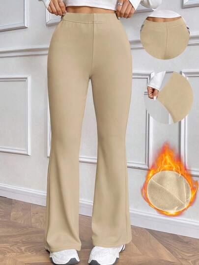 EMERY ROSE Pantalones acampanados de cintura alta con forro térmico, de uso casual y versátil, de talle elástico, color negro, para invierno