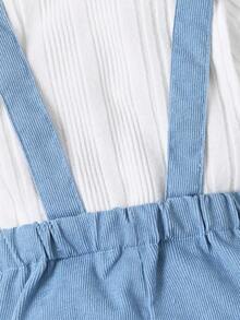 3 件套女婴甜美风格白蓝圆领长袖上衣、围兜裤、配套帽子套装，适合外出、休闲装、儿童派对 - 藍色 - 查看 4