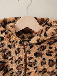 SHEIN 女童休闲卡其色豹纹羊毛夹克，前拉链开合，秋冬连帽开衫