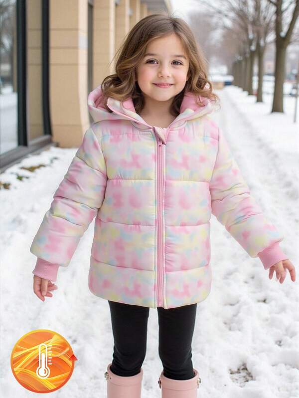 SHEIN Fashionable Girls Tie Dye Hooded Thick Warm Jacket, Cute & Simple, Suitable For Autumn/Winter Girls Winter Coat With Hood Kids Coats Girls