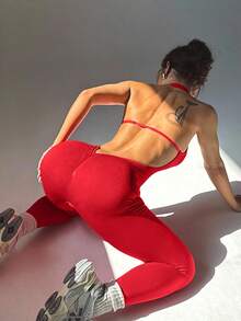 Slayform Slayform Women's Solid Color Backless Halter Jumpsuit, Activewear Seamless Yoga Jumpsuit Red Workout Jumpsuit - Red - View 6