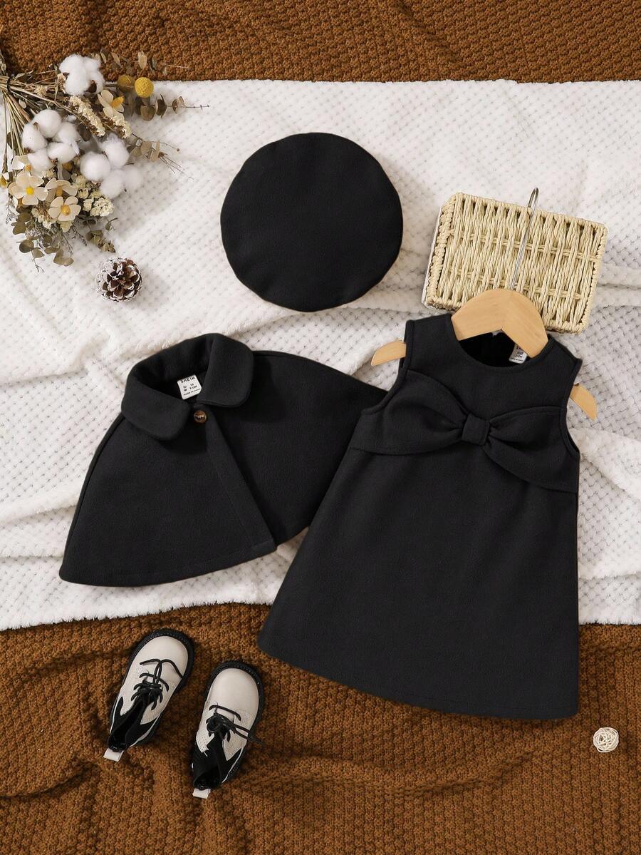 SHEIN 2件套女婴羊毛混纺可爱蝴蝶结无袖连衣裙和连帽斗篷外套套装 - 黑色 - 查看 1