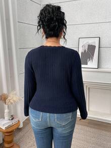 Modelyn Áo thun ôm dáng cổ chữ V đơn giản, màu trơn, họa tiết ren, thoải mái khi đi làm hàng ngày, cỡ lớn dành cho nữ, mùa xuân/thu - Màu xanh hải quân - Xem 2