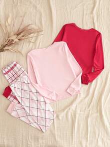 4 pièces Ensemble de pyjama de Noël ajusté pour filles, comprenant une broderie de cils, un Top et un pantalon à manches longues avec imprimé à carreaux décontracté et graphique, convient pour les préadolescentes, automne/hiver - Multicolore - Voir 2