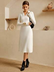 SHEIN Unity Damen elegantes weißes, weiches Strick-Langarm-Sweaterkleid, Neuheit für Herbst/Winter Frauen Neujahr Weihnachten Ausgehparty Pendler Anlass - Aprikosenfarben - Übersicht 4