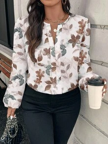 EMERY ROSE Camisa de talla grande con estampado floral acuarela elegante, adecuada para el otoño