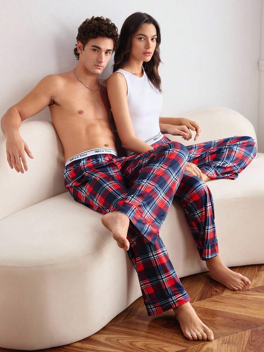 EasyFave Christmas Red Plaid Fashionable Ribbon Lightweight Sporty Comfortable Casual Homewear Family Party Men Pajama Pants, For Fall