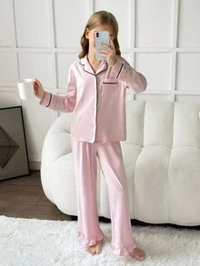 SHEIN 青少年女孩粉黑包邊睡衣套裝，秋季休閒單排扣長袖上衣與長褲，居家睡衣套裝，青少年服飾 - 淺粉色 - 查看 5