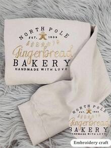 INAWLY Áo nỉ cổ tròn họa tiết bánh gừng Giáng sinh cỡ lớn, Áo nỉ ngày lễ, Áo nỉ Giáng sinh, Áo nỉ thêu, Bánh gừng, Ông già Noel, Quà tặng - Màu be - Xem 4