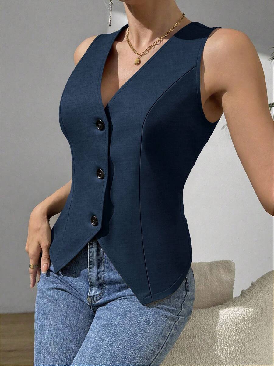 Ritzy Row 女式纯色单排扣休闲轻便背心 - 藏蓝色 - 查看 1