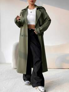 SHEIN x Carly Lawrence SHEIN EZwear 新款休闲女式双排扣系带风衣，灰绿色，秋季 - 綠色 - 查看 6