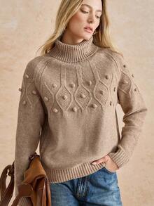 Écloséra 法式复古休闲优雅通勤百搭度假纹理针织菱形图案针织套头衫，女式高领高领长袖驼色/卡其色大地色毛衣，秋冬