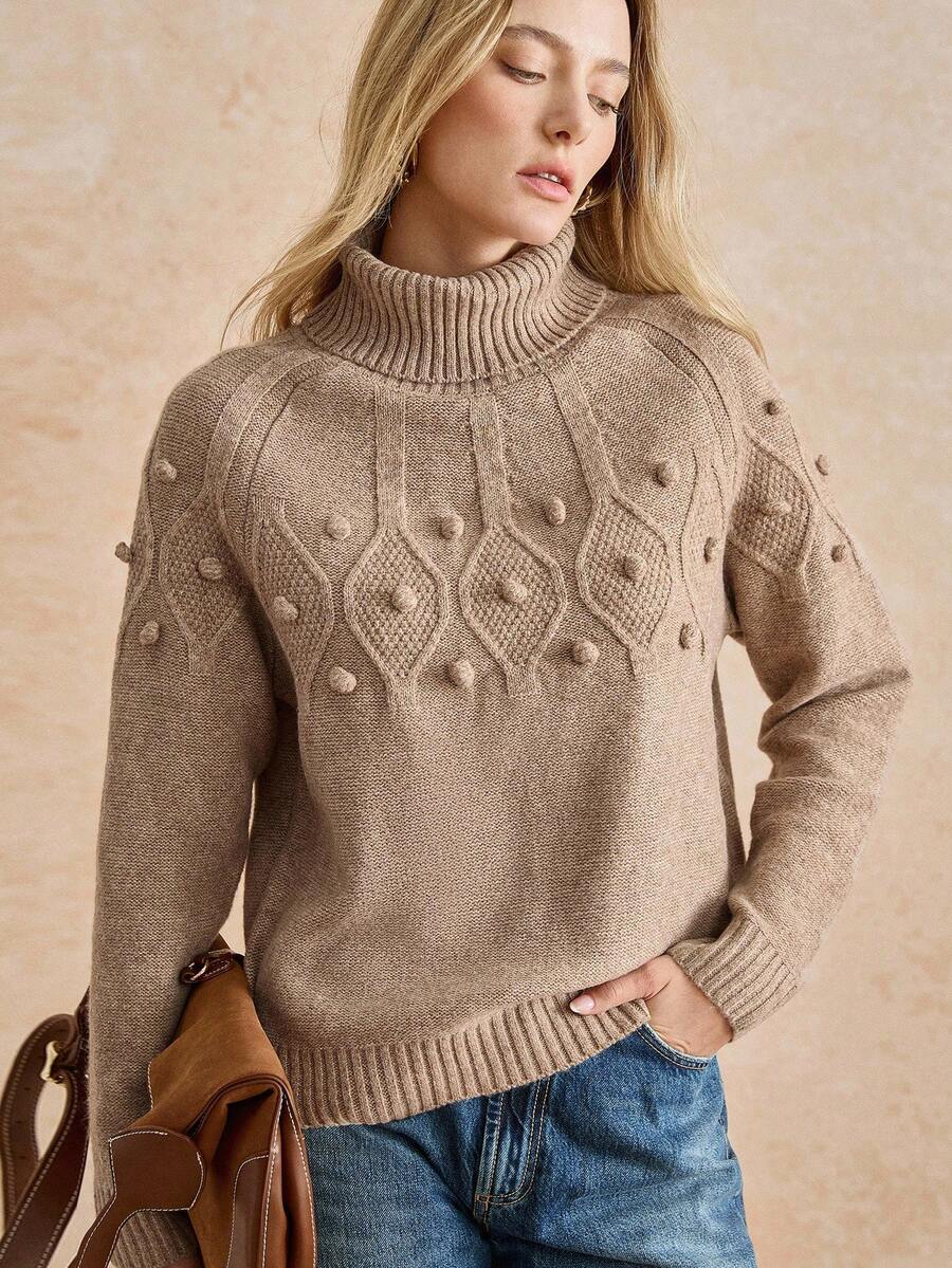 Écloséra 法式复古休闲优雅通勤百搭度假纹理针织菱形图案针织套头衫，女式高领高领长袖驼色/卡其色大地色毛衣，秋冬