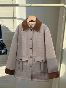 SHEIN Girls' Plush Lapel Long Sleeve Thick Jacket, Suitable For Casual Everyday Outings, Versatile - Coffee Brown - View 1