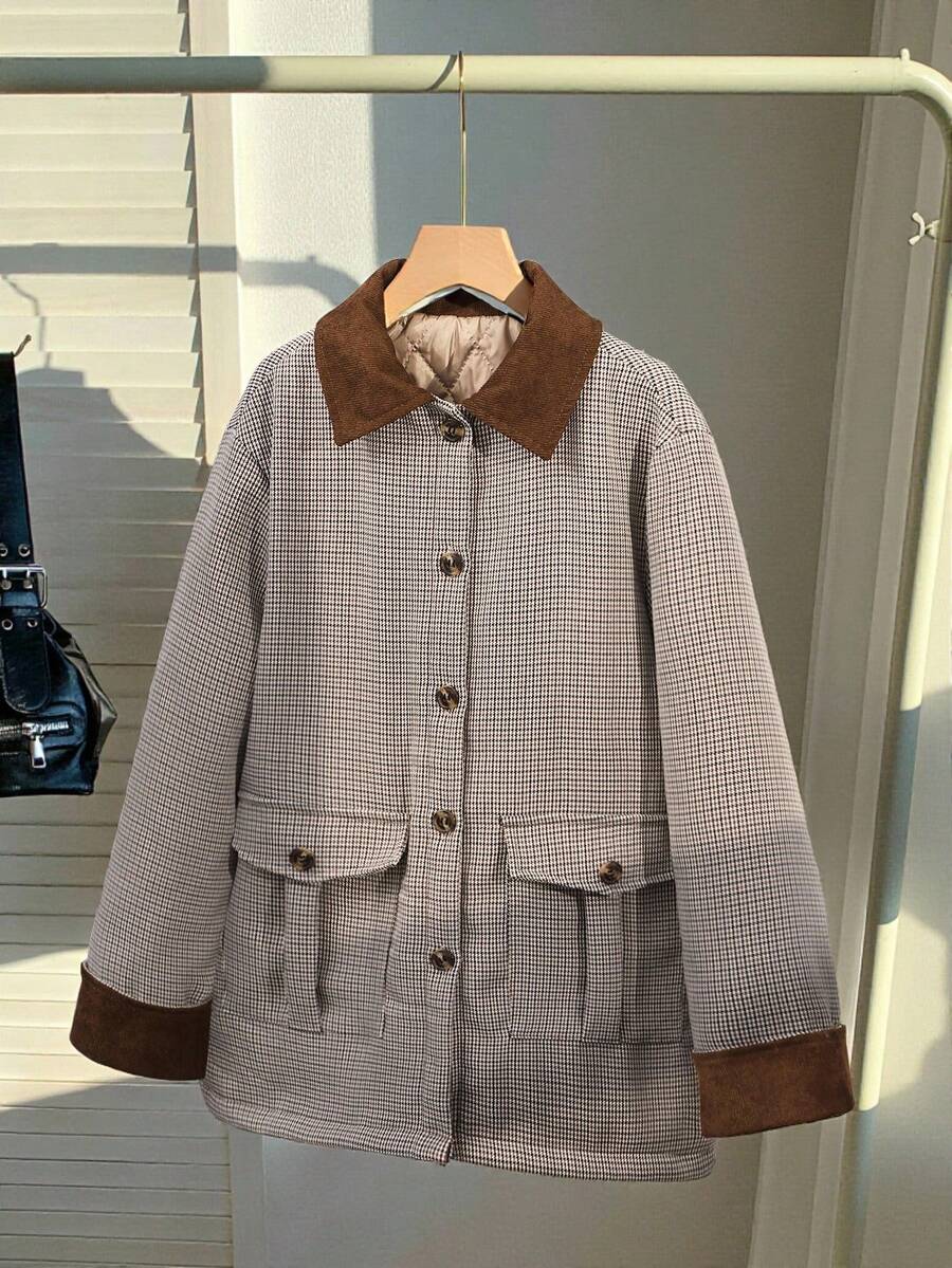 SHEIN Girls' Plush Lapel Long Sleeve Thick Jacket, Suitable For Casual Everyday Outings, Versatile - Coffee Brown - View 1