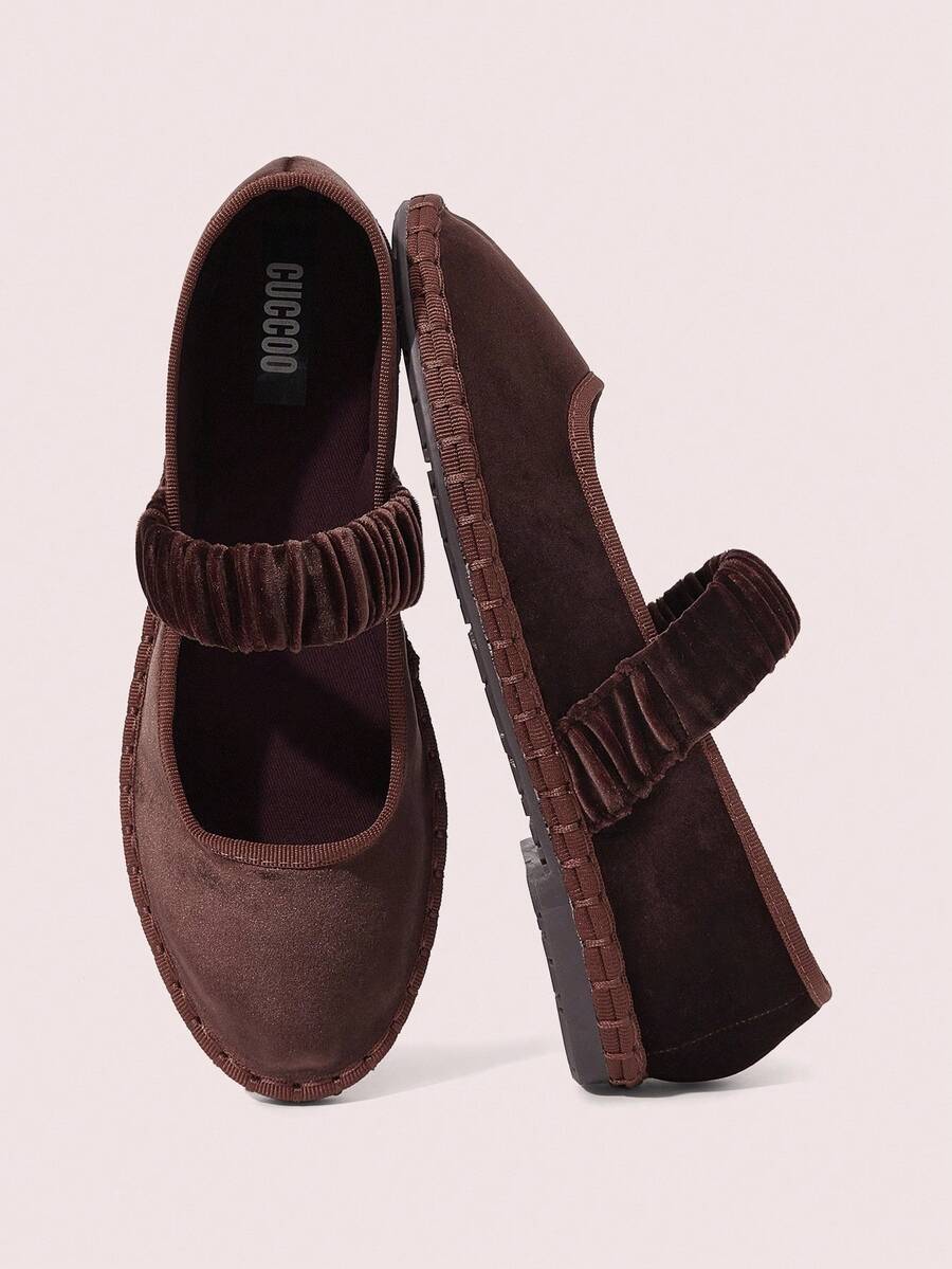 CUCCOO DOLLMOD Giày bệt Mary Jane nhung cổ điển thanh lịch màu nâu, thoải mái, co giãn, xếp ly - Màu nâu Sô-cô-la - Xem 1