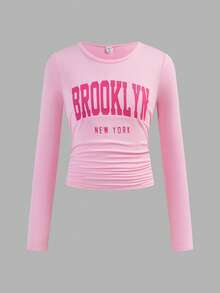 SHEIN Girlism 3件套少女休闲校服字母印花褶皱侧边圆领长袖短款针织T恤上衣，返校季必备 - 西瓜粉 - 查看 11