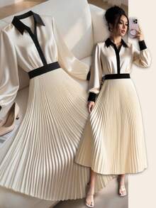 Franclia Women's Fashionable Elegant Color Block Waist Cinched Long Dress